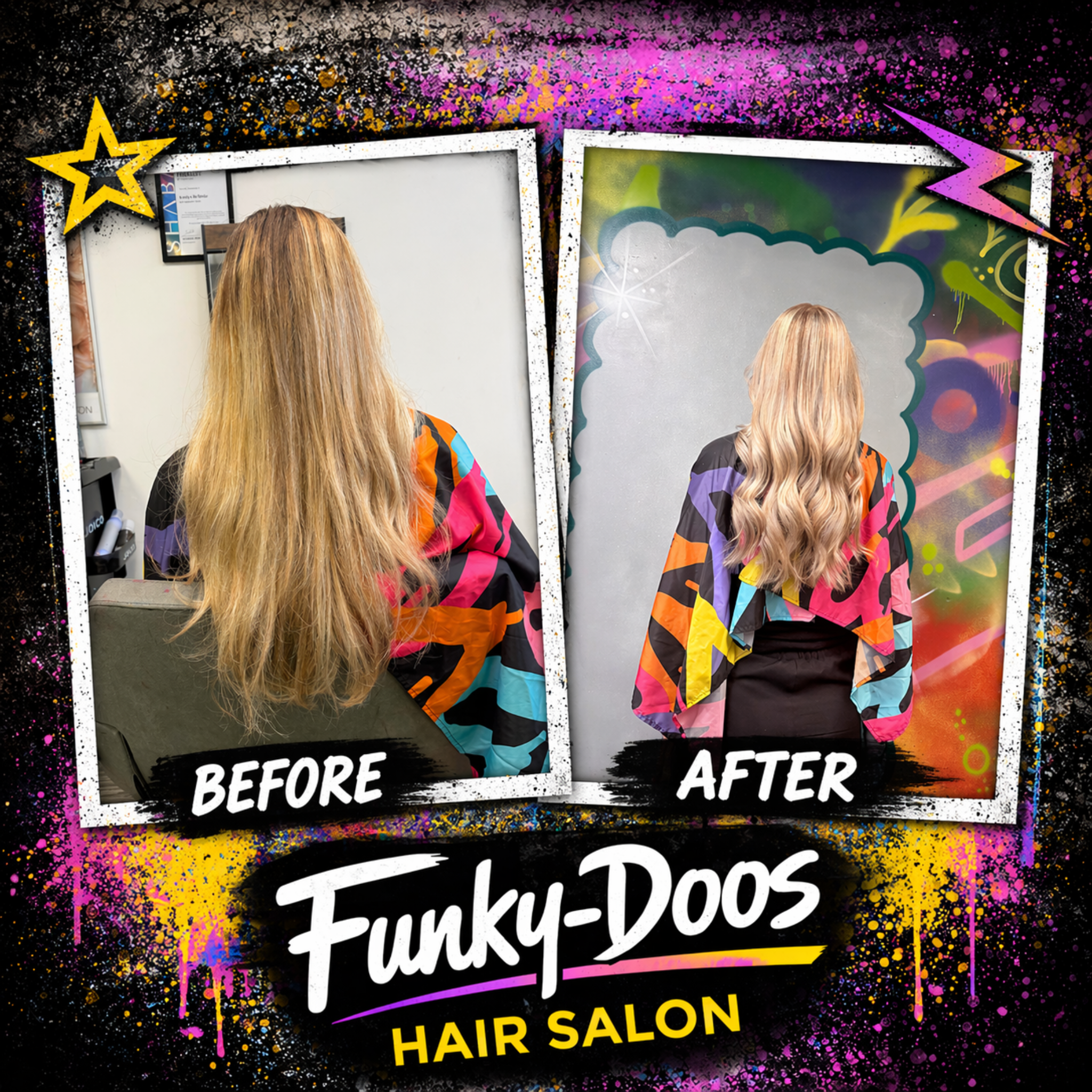 Before and after blonde transformation by Katy at Funky-Doos Hair Salon in Paisley