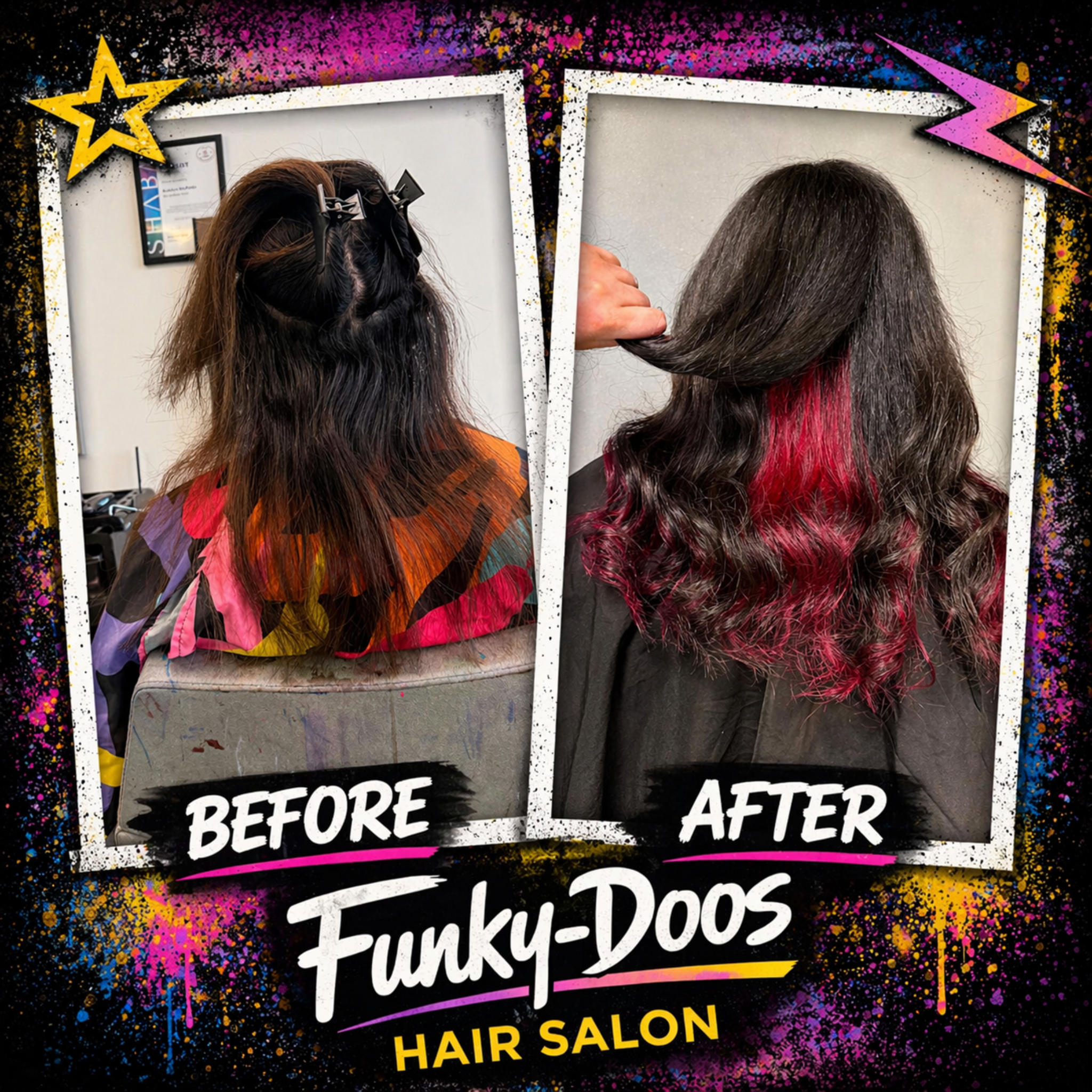 Dark glossy hair with vivid under section by Katy at Funky-Doos Hair Salon in Paisley
