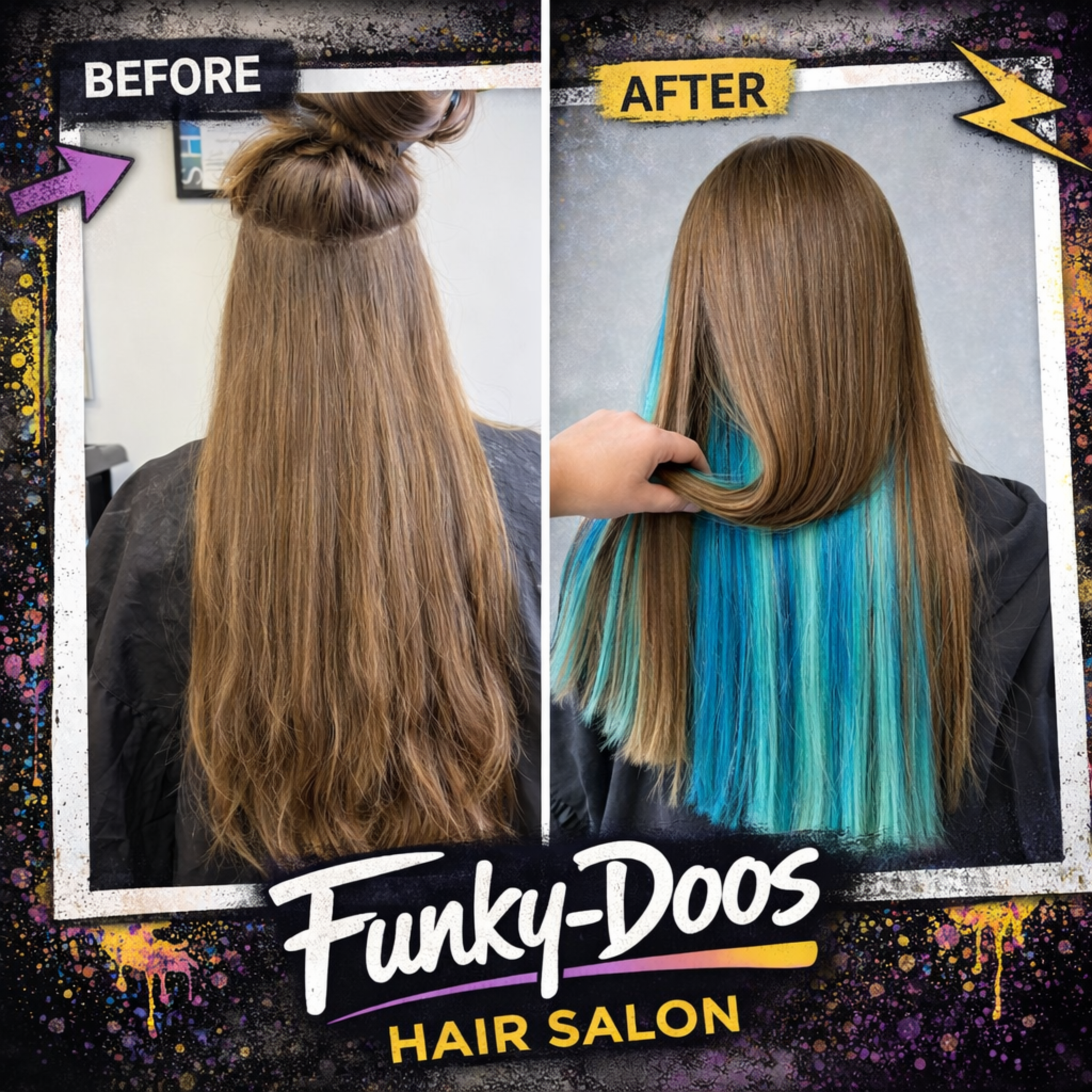 Funky hair colour in Paisley before and after by Katy at Funky-Doos Hair Salon Paisley